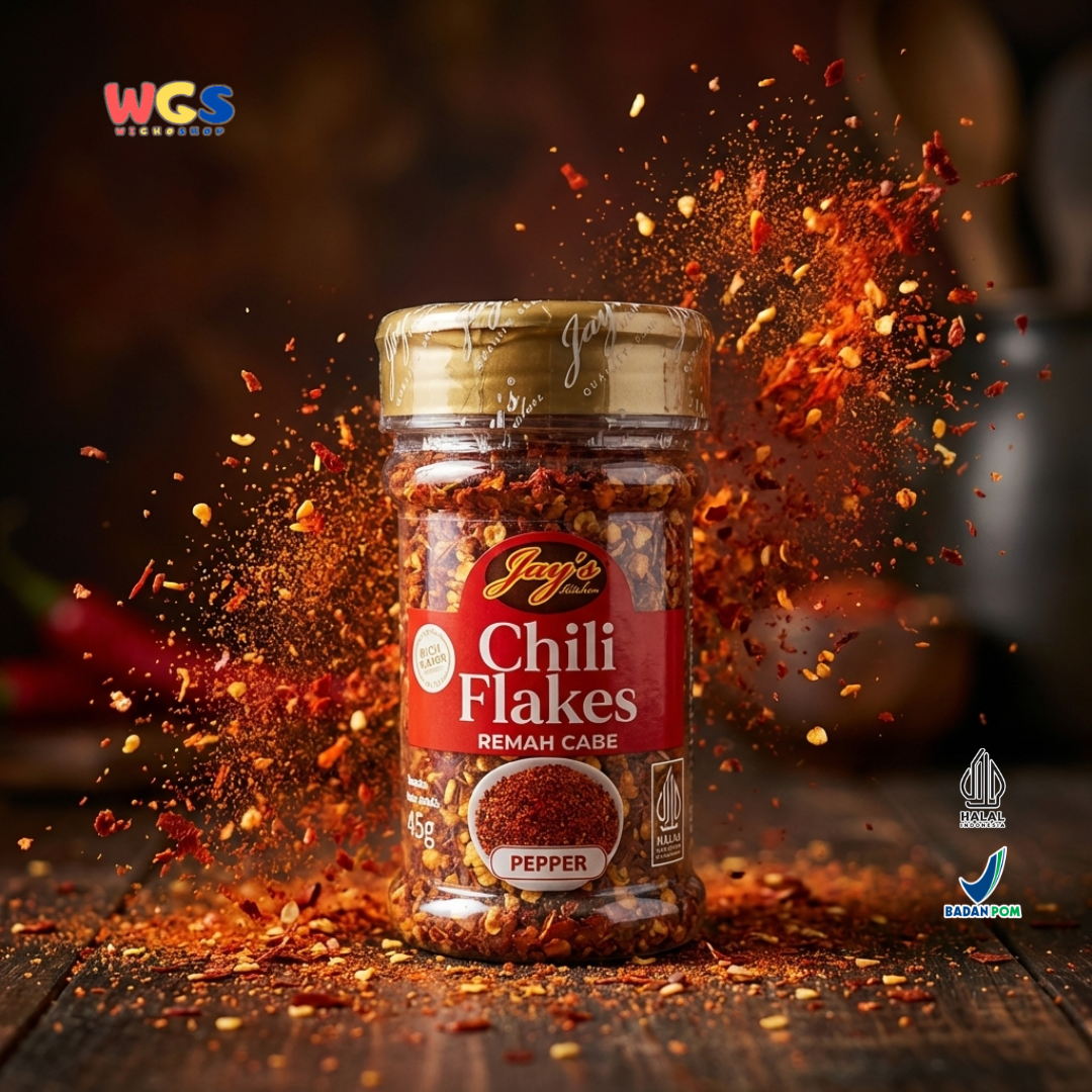 Jay’s Kitchen Chili Flakes Remah Cabe 45g - Cabe Kering Bubuk Kasar untuk Pizza Pasta Mi dan Sambal