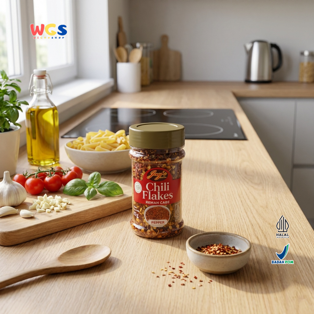 Jay’s Kitchen Chili Flakes Remah Cabe 45g - Cabe Kering Bubuk Kasar untuk Pizza Pasta Mi dan Sambal