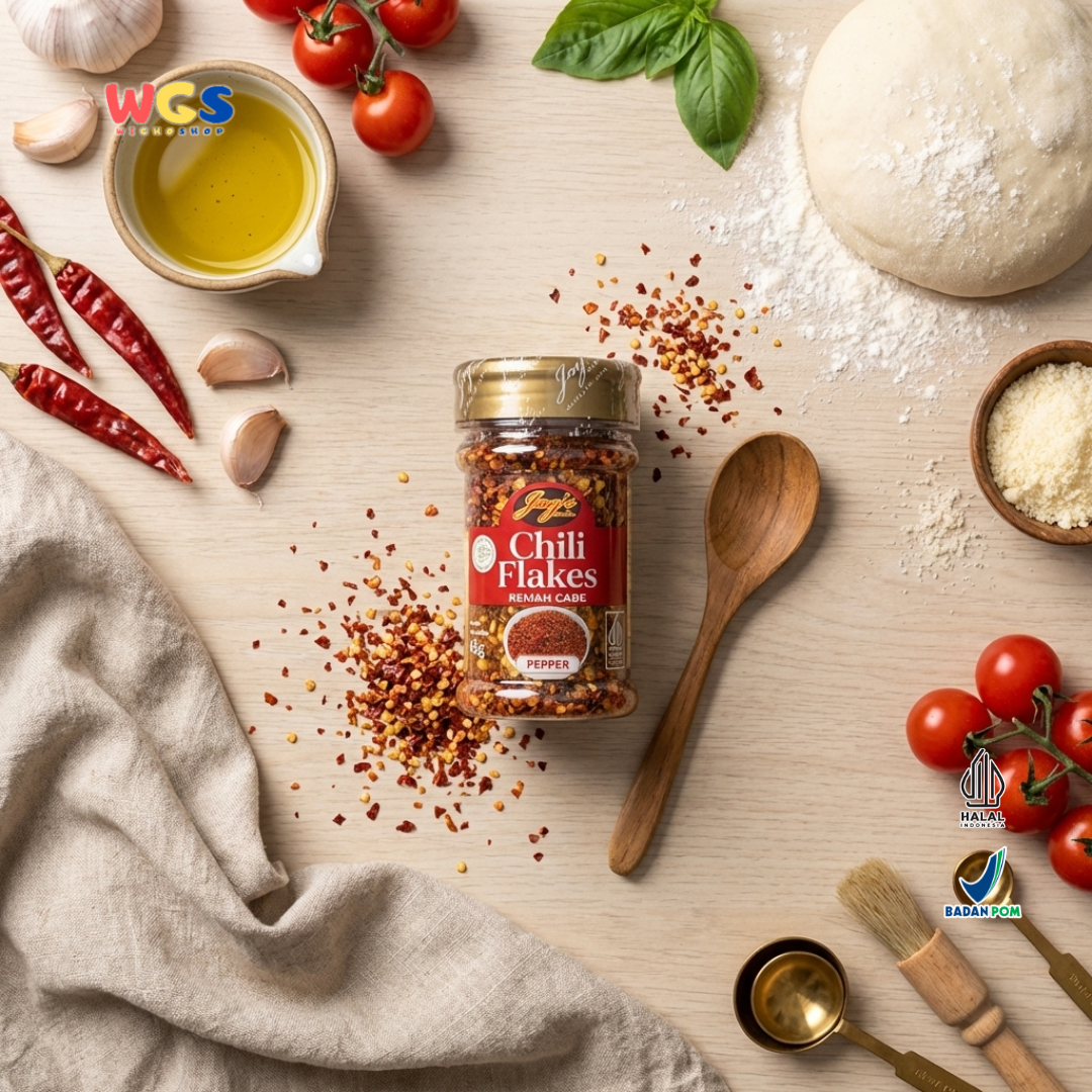 Jay’s Kitchen Chili Flakes Remah Cabe 45g - Cabe Kering Bubuk Kasar untuk Pizza Pasta Mi dan Sambal