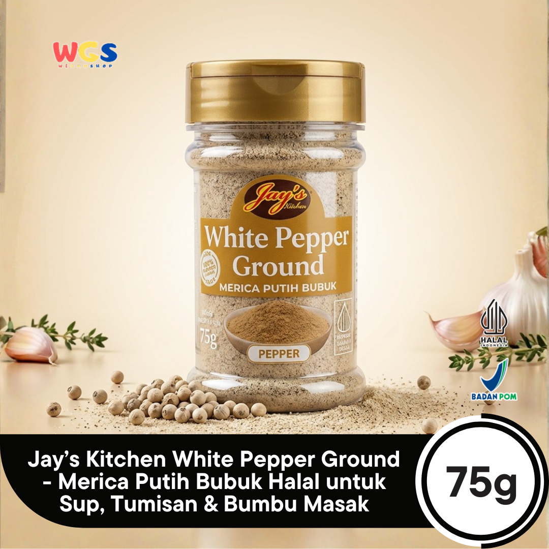 Jay’s Kitchen White Pepper Ground 75g - Merica Putih Bubuk Halal untuk Sup, Tumisan & Bumbu Masak