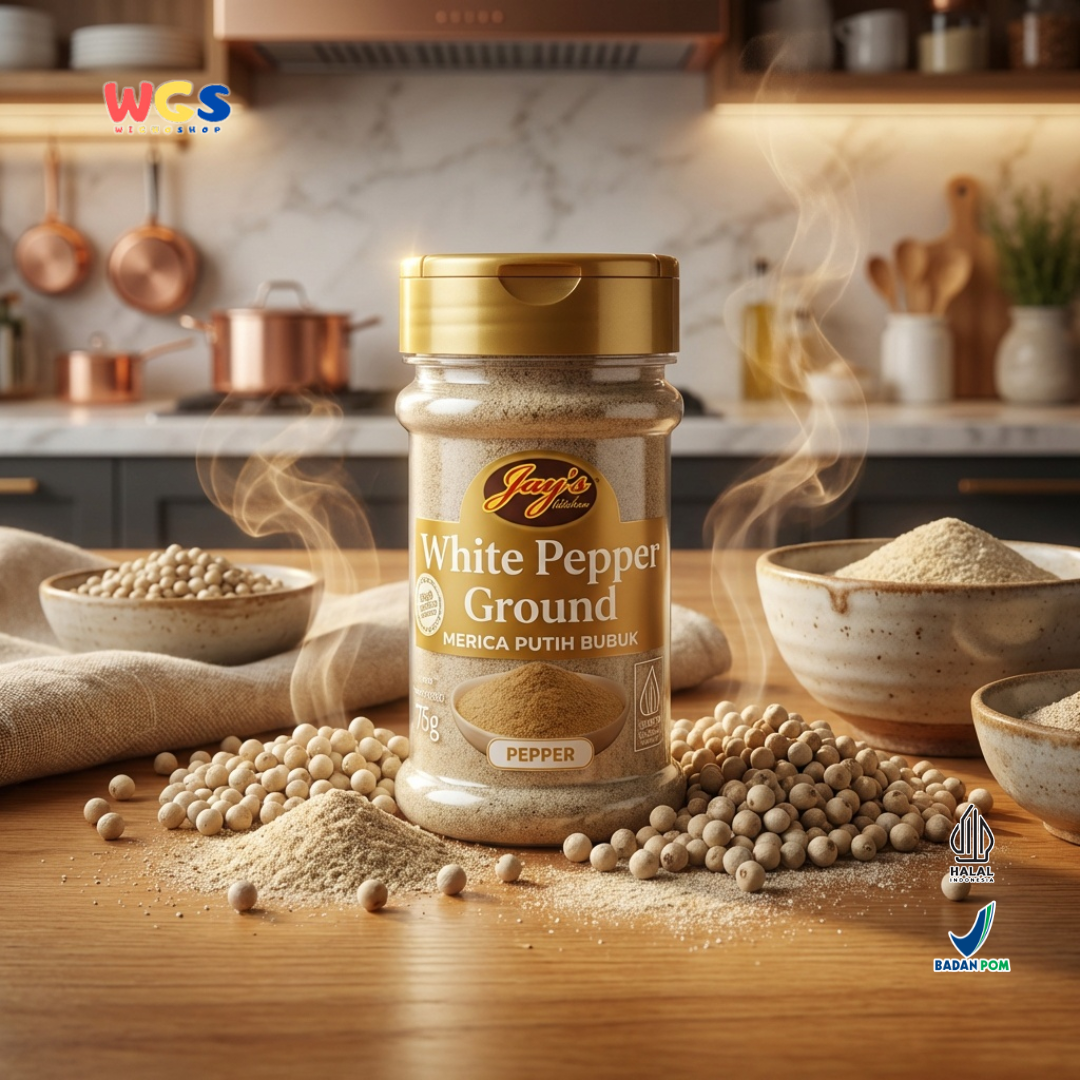 Jay’s Kitchen White Pepper Ground 75g - Merica Putih Bubuk Halal untuk Sup, Tumisan & Bumbu Masak