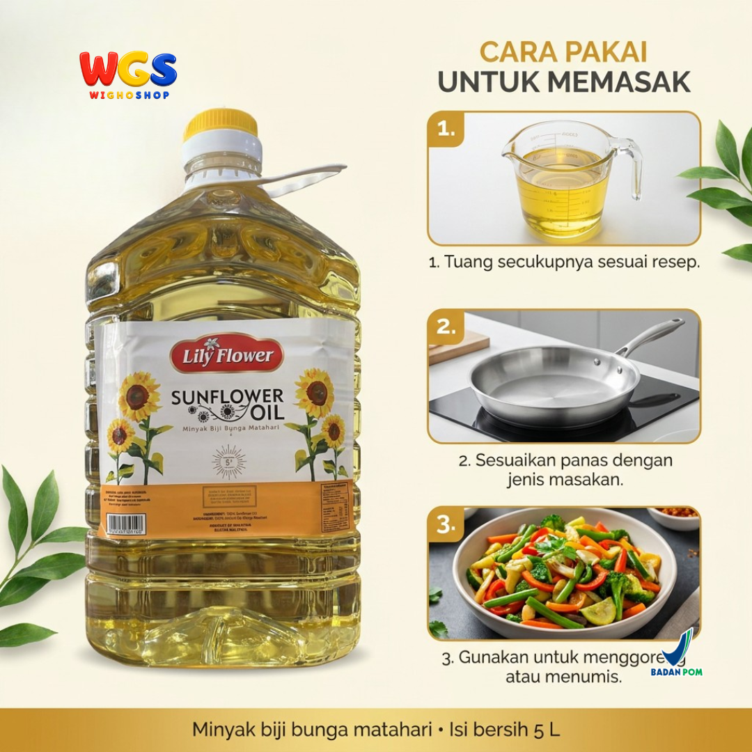 Lily Flower Sunflower Oil 5L - Minyak Biji Bunga Matahari 100% untuk Goreng Tumis Salad Baking