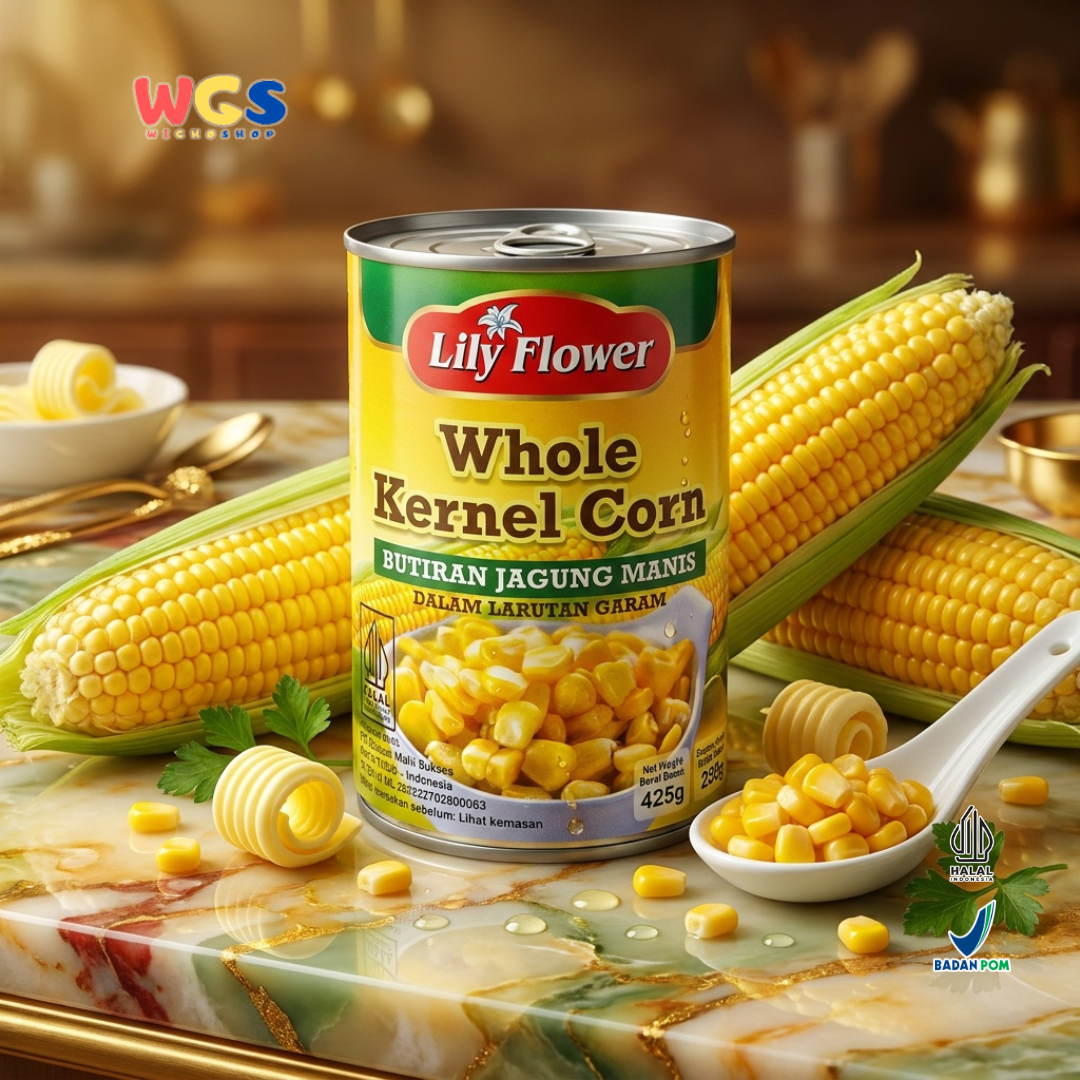 Lily Flower Whole Kernel Corn 425g – Canned Sweet Corn in Brine, Practical &amp; Delicious