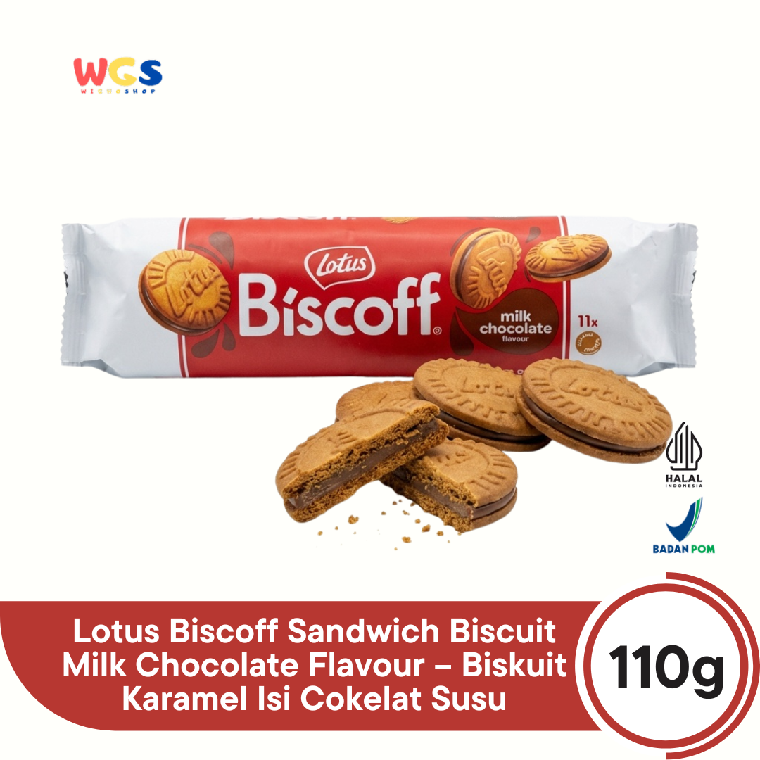 Lotus Biscoff Sandwich Biscuit Milk Chocolate Flavour 110g – Biskuit Karamel Isi Cokelat Susu