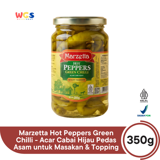 Marzetta Hot Peppers Green Chilli 350g - Acar Cabai Hijau Pedas Asam untuk Masakan & Topping