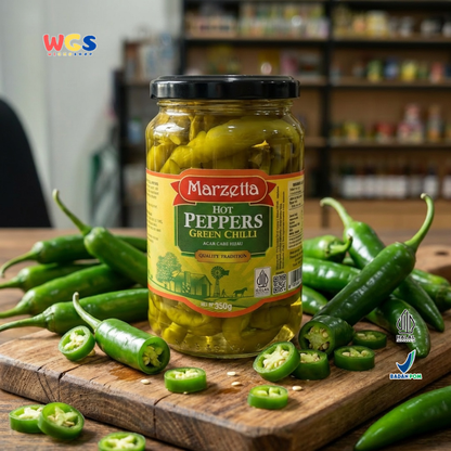 Marzetta Hot Peppers Green Chilli 350g - Acar Cabai Hijau Pedas Asam untuk Masakan & Topping