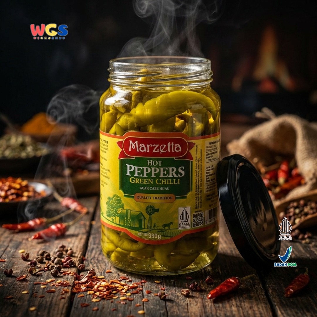 Marzetta Hot Peppers Green Chilli 350g - Acar Cabai Hijau Pedas Asam untuk Masakan & Topping