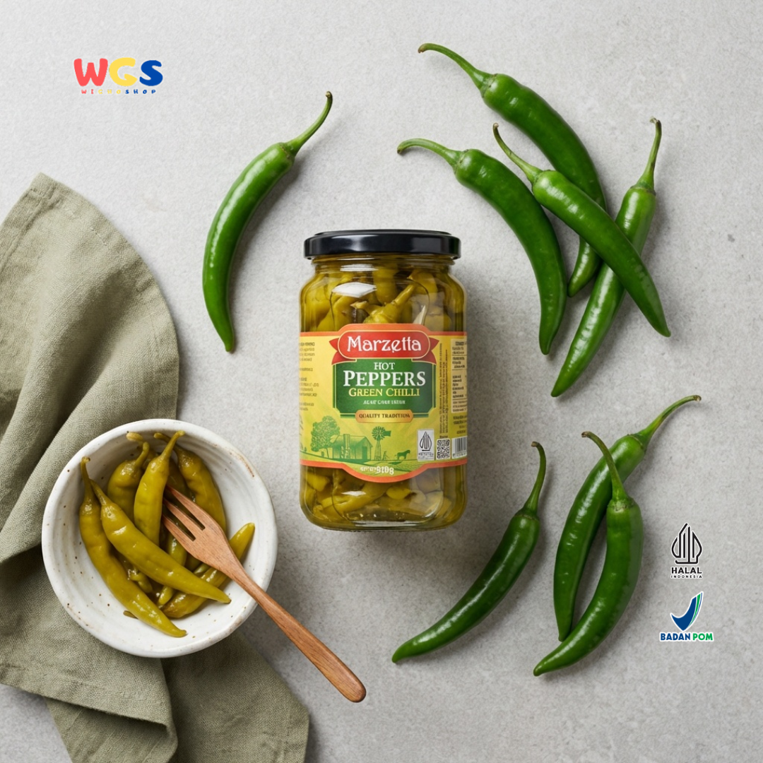 Marzetta Hot Peppers Green Chilli 350g - Acar Cabai Hijau Pedas Asam untuk Masakan & Topping