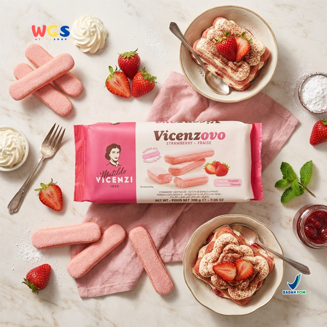 Matilde Vicenzi Vicenzovo Strawberry Ladyfinger 200g - Biskuit Lady Finger Stroberi Premium Italia untuk Tiramisu, Dessert, Trifle & Camilan