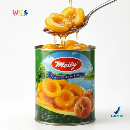Meily Peach Halves in Syrup Kaleng ±820g – Buah Persik Belah dalam Sirup Manis