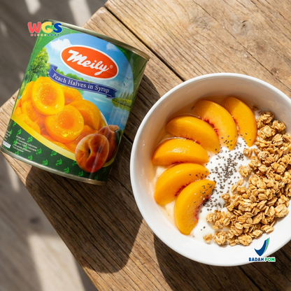 Meily Peach Halves in Syrup Kaleng ±820g – Buah Persik Belah dalam Sirup Manis
