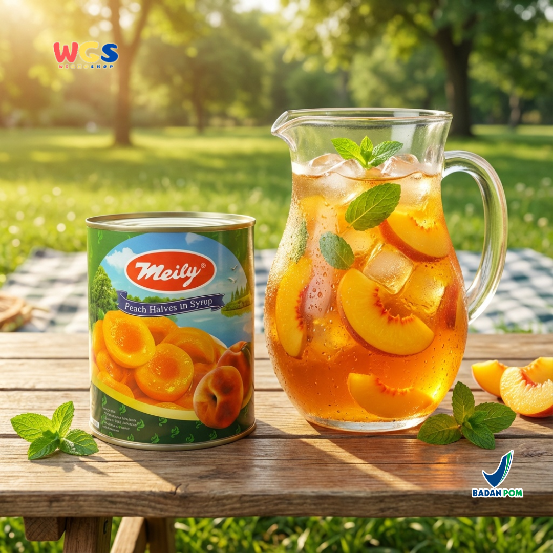 Meily Peach Halves in Syrup Kaleng ±820g – Buah Persik Belah dalam Sirup Manis