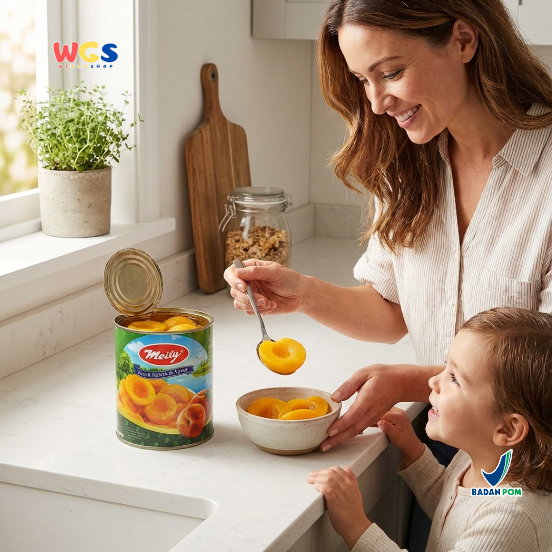 Meily Peach Halves in Syrup Kaleng ±820g – Buah Persik Belah dalam Sirup Manis
