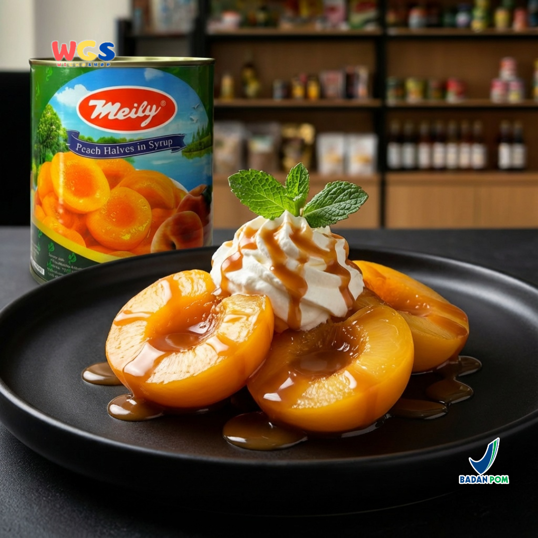 Meily Peach Halves in Syrup Kaleng ±820g – Buah Persik Belah dalam Sirup Manis