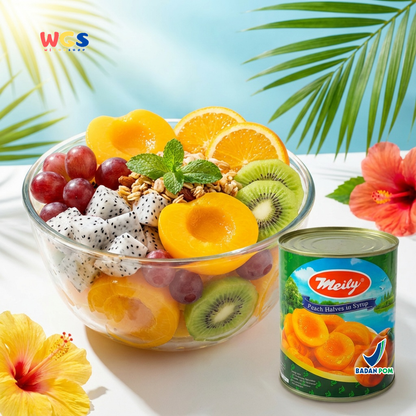 Meily Peach Halves in Syrup Kaleng ±820g – Buah Persik Belah dalam Sirup Manis