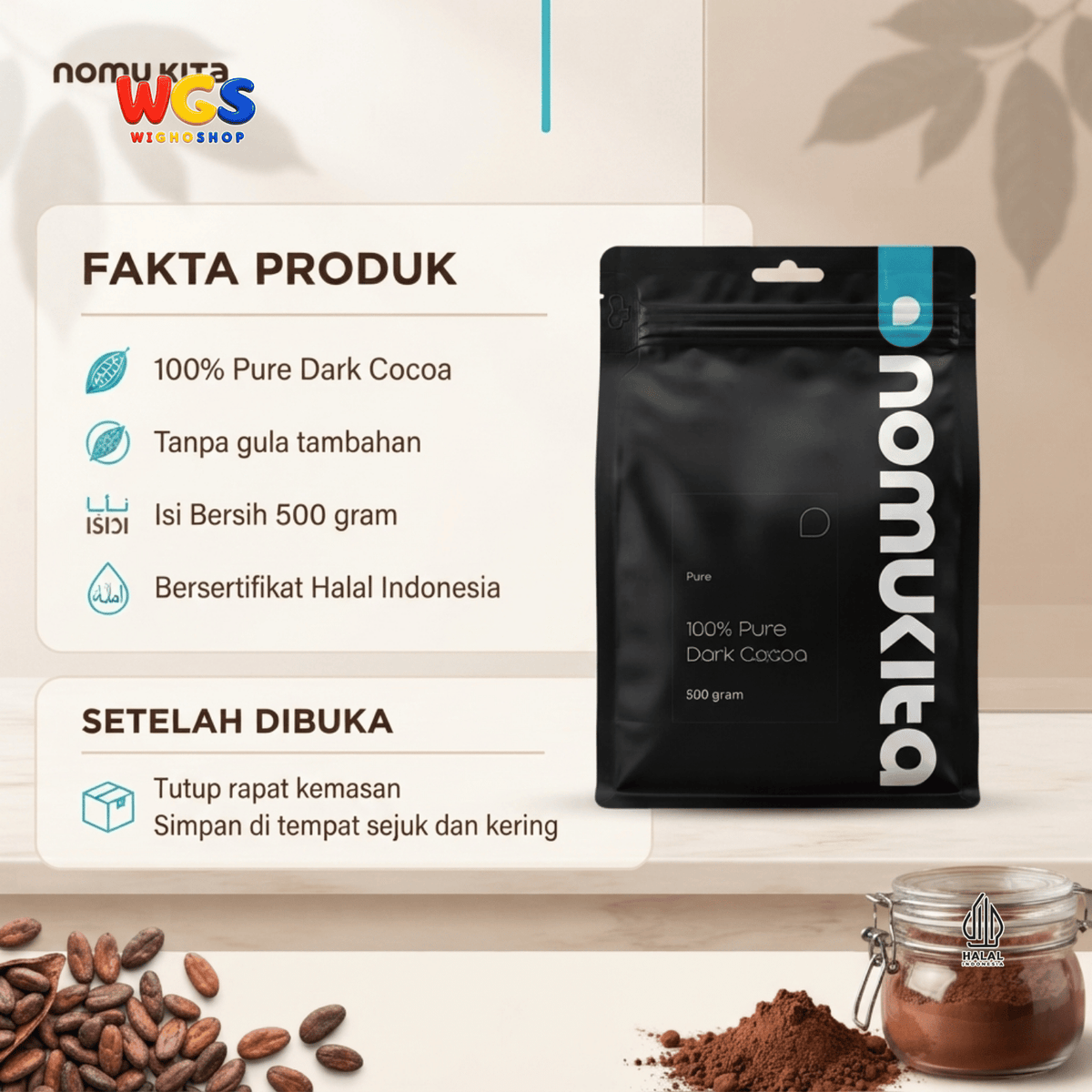 Nomukita 100% Pure Dark Cocoa 500g - Bubuk Cokelat Kakao Murni Tanpa Gula untuk Minuman Cafe Kue Baking Halal