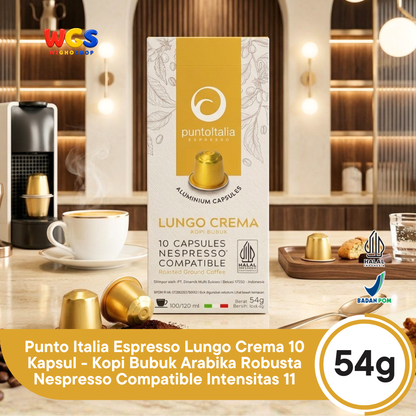 Punto Italia Espresso Lungo Crema 10 Kapsul 54g - Kopi Bubuk Arabika Robusta Nespresso Compatible Intensitas 11