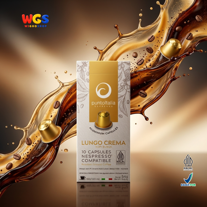 Punto Italia Espresso Lungo Crema 10 Kapsul 54g - Kopi Bubuk Arabika Robusta Nespresso Compatible Intensitas 11