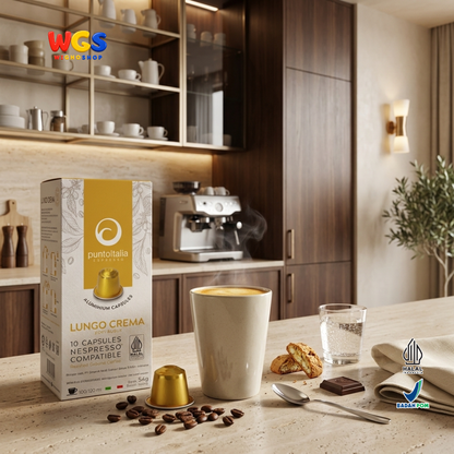 Punto Italia Espresso Lungo Crema 10 Kapsul 54g - Kopi Bubuk Arabika Robusta Nespresso Compatible Intensitas 11