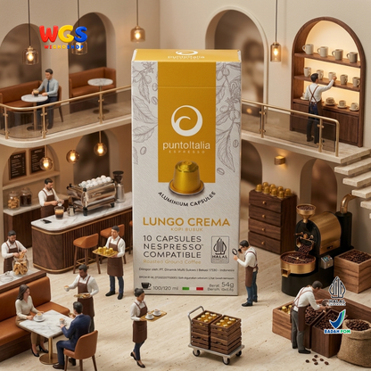 Punto Italia Espresso Lungo Crema 10 Kapsul 54g - Kopi Bubuk Arabika Robusta Nespresso Compatible Intensitas 11