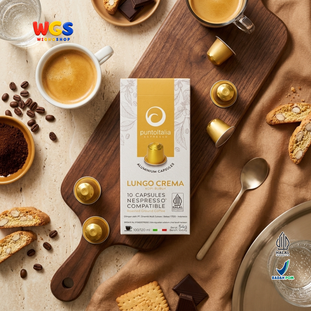 Punto Italia Espresso Lungo Crema 10 Kapsul 54g - Kopi Bubuk Arabika Robusta Nespresso Compatible Intensitas 11