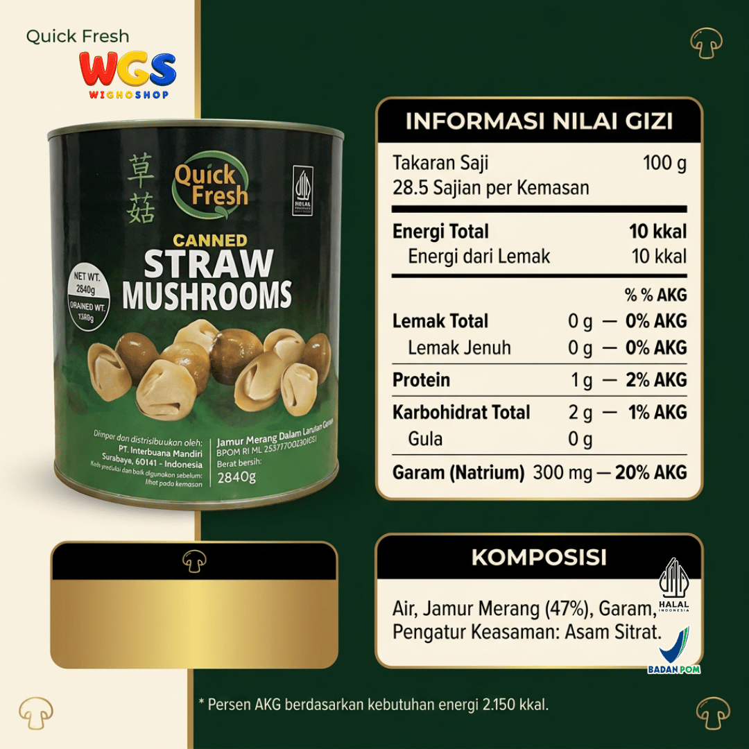 Quick Fresh Jamur Merang Kaleng 2840g - Straw Mushrooms untuk Capcay, Sup & Tumis
