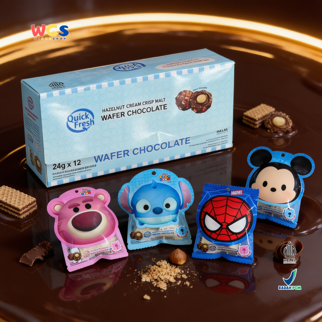 Quick Fresh Wafer Chocolate 24g x 12 - Hazelnut Cream Crisp Malt Cokelat Wafer 2 pcs x 12g Disney Marvel Surprise