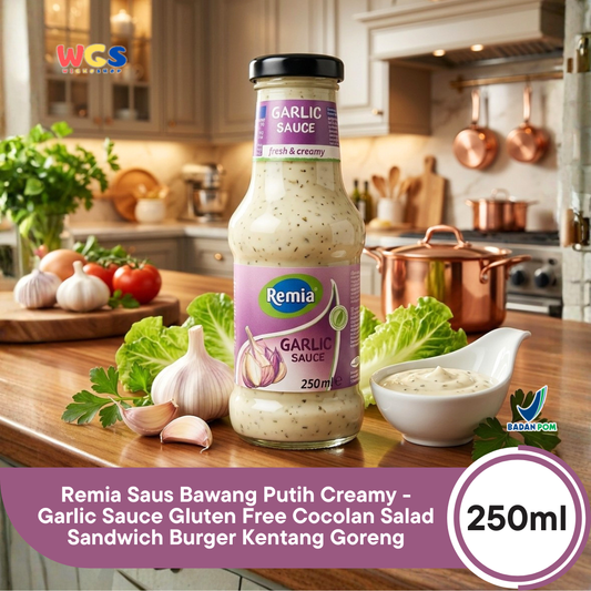 Remia Saus Bawang Putih Creamy 250ml - Garlic Sauce Gluten Free Cocolan Salad Sandwich Burger Kentang Goreng
