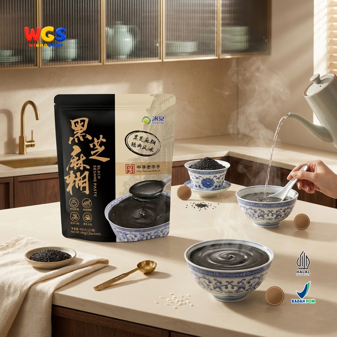 Soyspring Black Sesame Paste 480g 12 Sachet - Bubur Wijen Hitam Instan Minuman Sarapan Halal Seduh Praktis