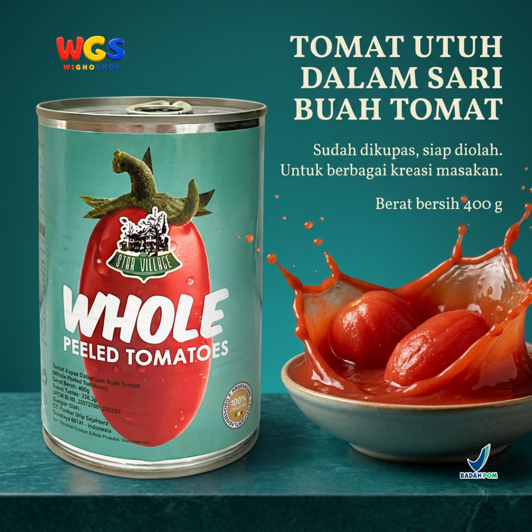 Star Village Whole Peeled Tomatoes 400g - Tomat Kupas Utuh Italia untuk Saus Pasta & Pizza