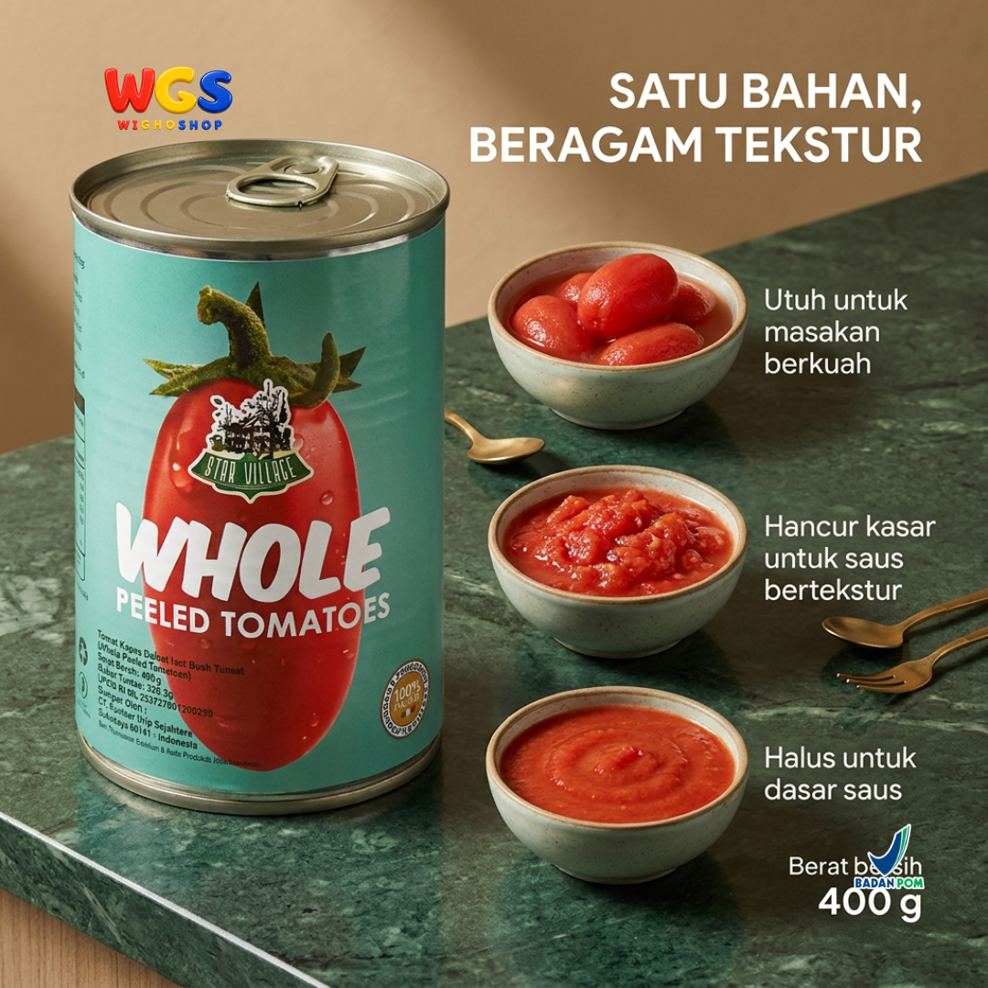 Star Village Whole Peeled Tomatoes 400g - Tomat Kupas Utuh Italia untuk Saus Pasta & Pizza