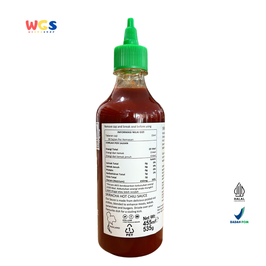 THAI DRAGON Sriracha Hot Chilli Sauce 455ml | Saus Cabai Thailand Pedas Gurih Halal Premium