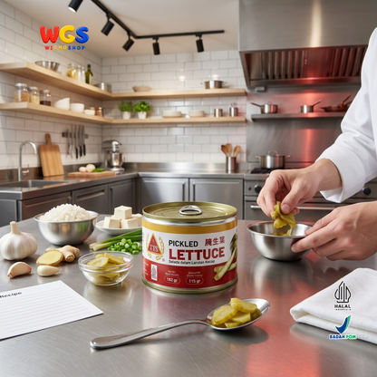 TTS Selada dalam Larutan Kecap 182g - Pickled Lettuce Selada Awetan Kaleng Lauk Bubur Nasi Tumisan Masakan Asia