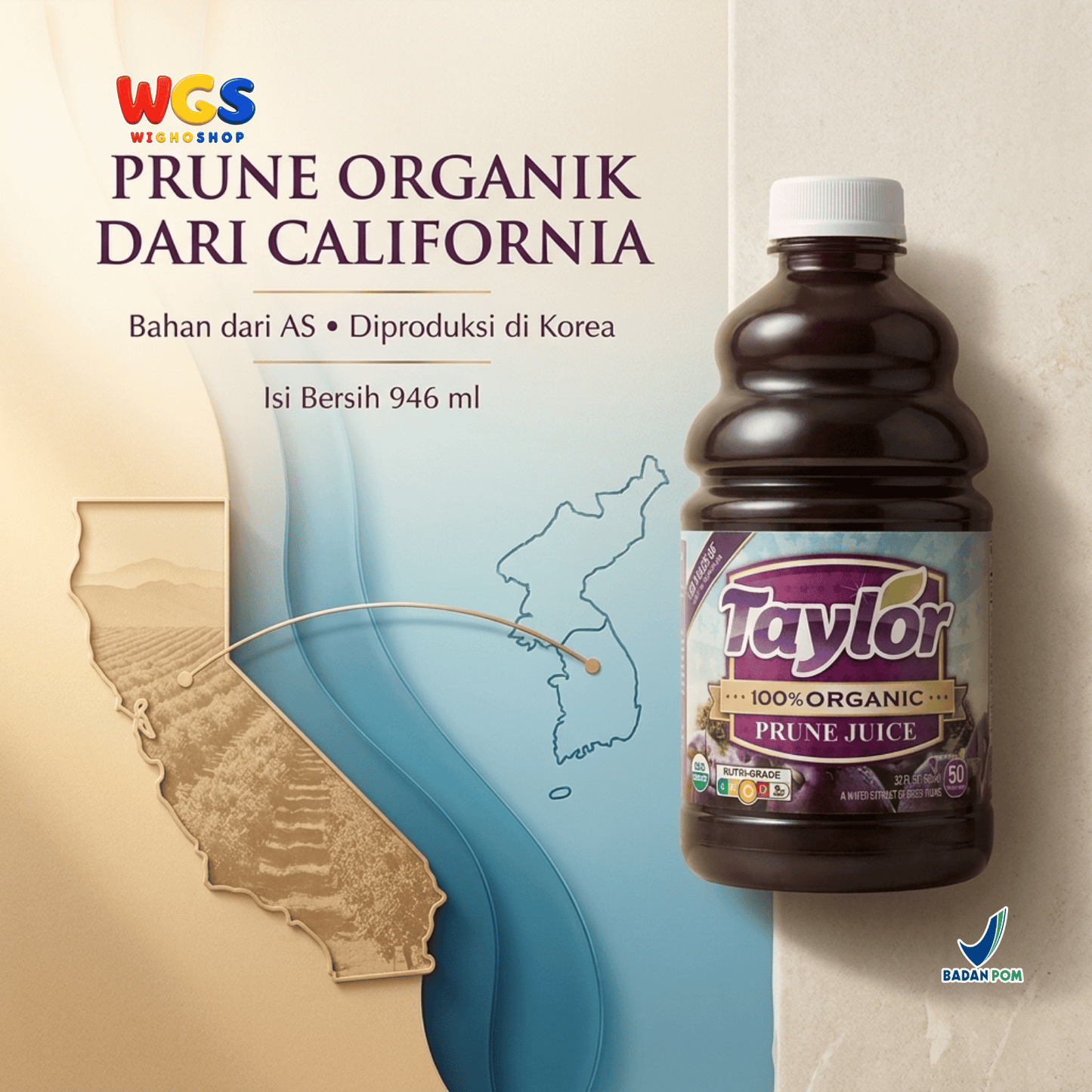 Taylor 100% Organic Prune Juice 946ml - Jus Prune California Jus Buah Plum Kering Tanpa Gula Tambahan USDA Organic
