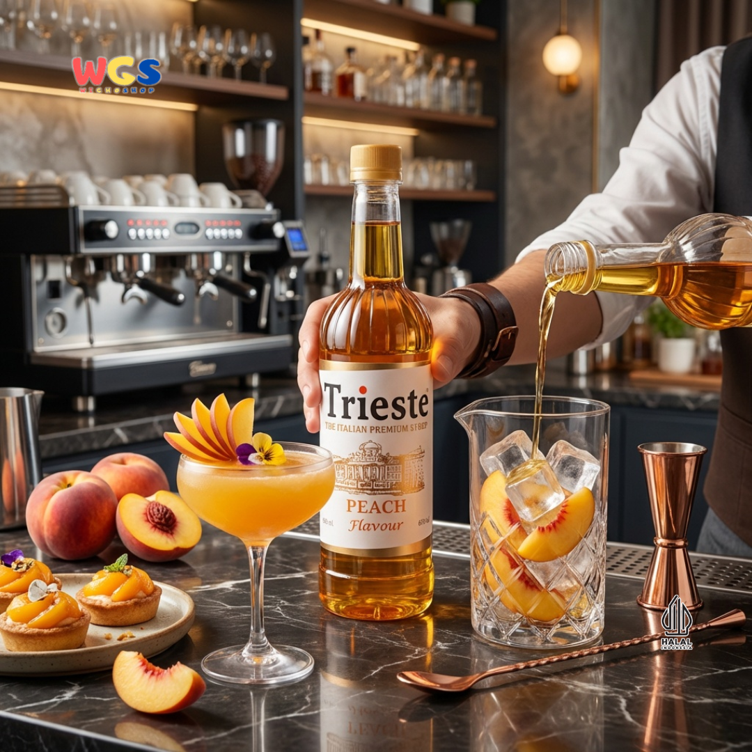 Trieste Peach Syrup 650ml - Sirup Peach Halal Premium untuk Tea, Soda, Mocktail & Minuman