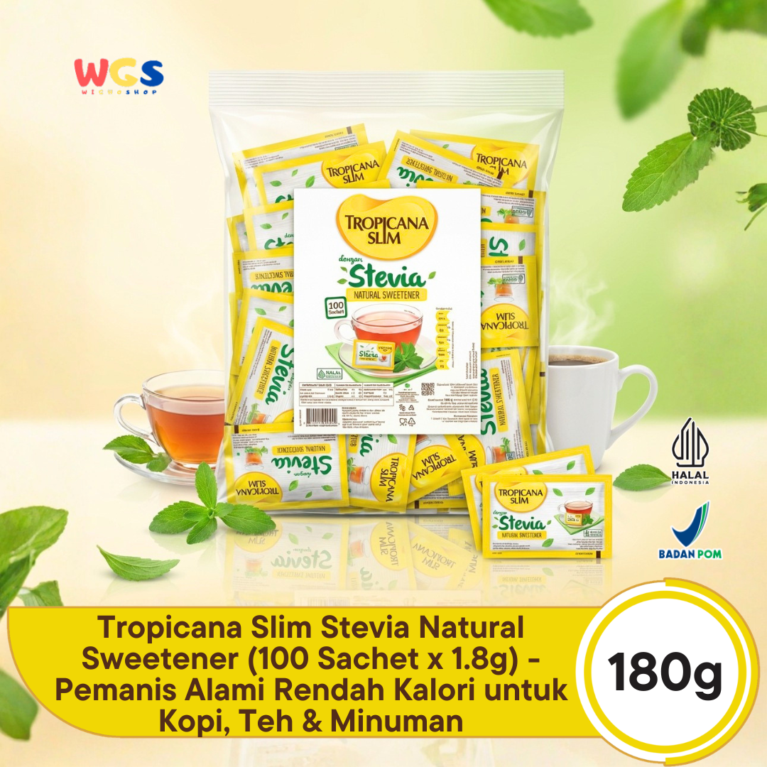 Tropicana Slim Stevia Natural Sweetener 180g (100 Sachet x 1.8g) - Pemanis Alami Rendah Kalori untuk Kopi, Teh & Minuman