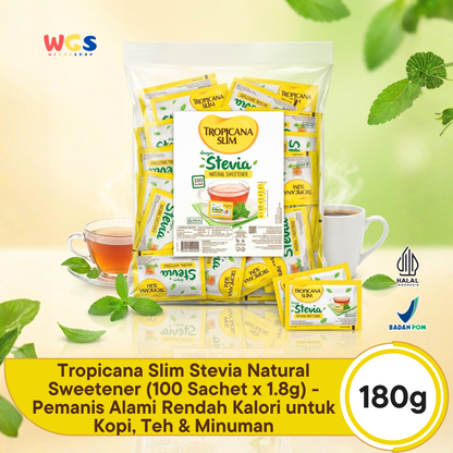 Tropicana Slim Stevia Natural Sweetener 180g (100 Sachet x 1.8g) - Pemanis Alami Rendah Kalori untuk Kopi, Teh & Minuman