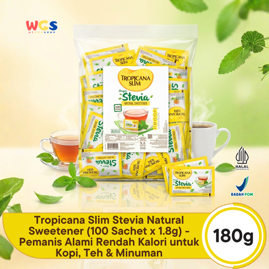 Tropicana Slim Stevia Natural Sweetener 180g (100 Sachet x 1.8g) - Pemanis Alami Rendah Kalori untuk Kopi, Teh & Minuman