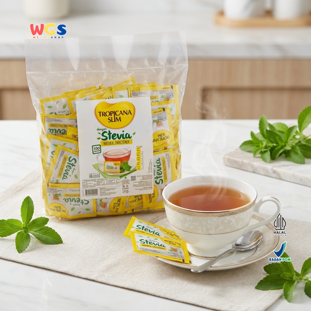 Tropicana Slim Stevia Natural Sweetener 180g (100 Sachet x 1.8g) - Pemanis Alami Rendah Kalori untuk Kopi, Teh & Minuman