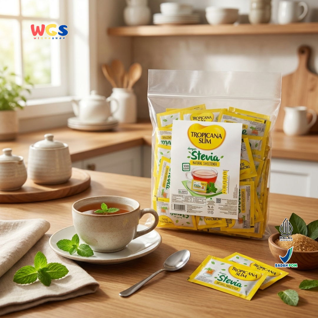 Tropicana Slim Stevia Natural Sweetener 180g (100 Sachet x 1.8g) - Pemanis Alami Rendah Kalori untuk Kopi, Teh & Minuman