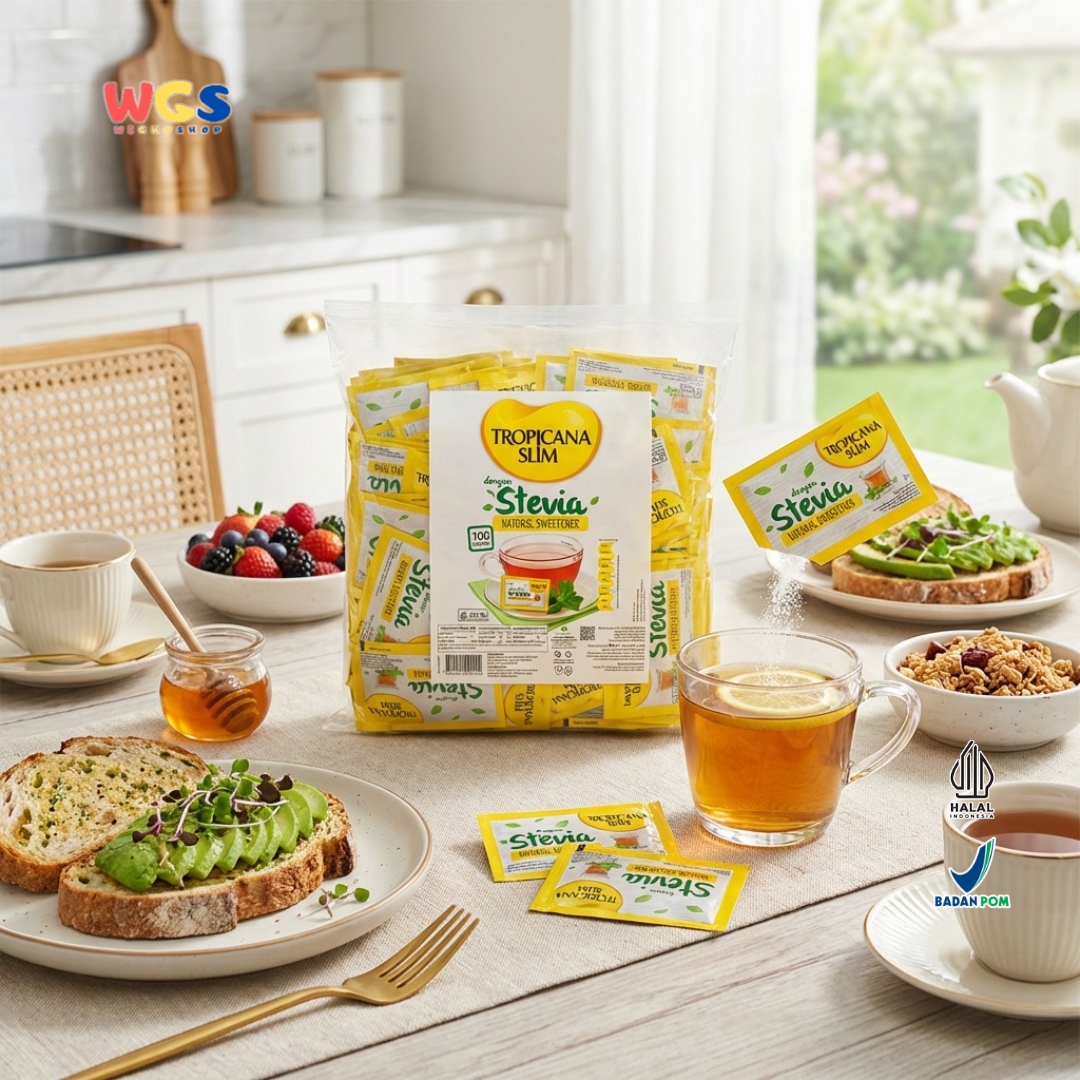 Tropicana Slim Stevia Natural Sweetener 180g (100 Sachet x 1.8g) - Pemanis Alami Rendah Kalori untuk Kopi, Teh & Minuman