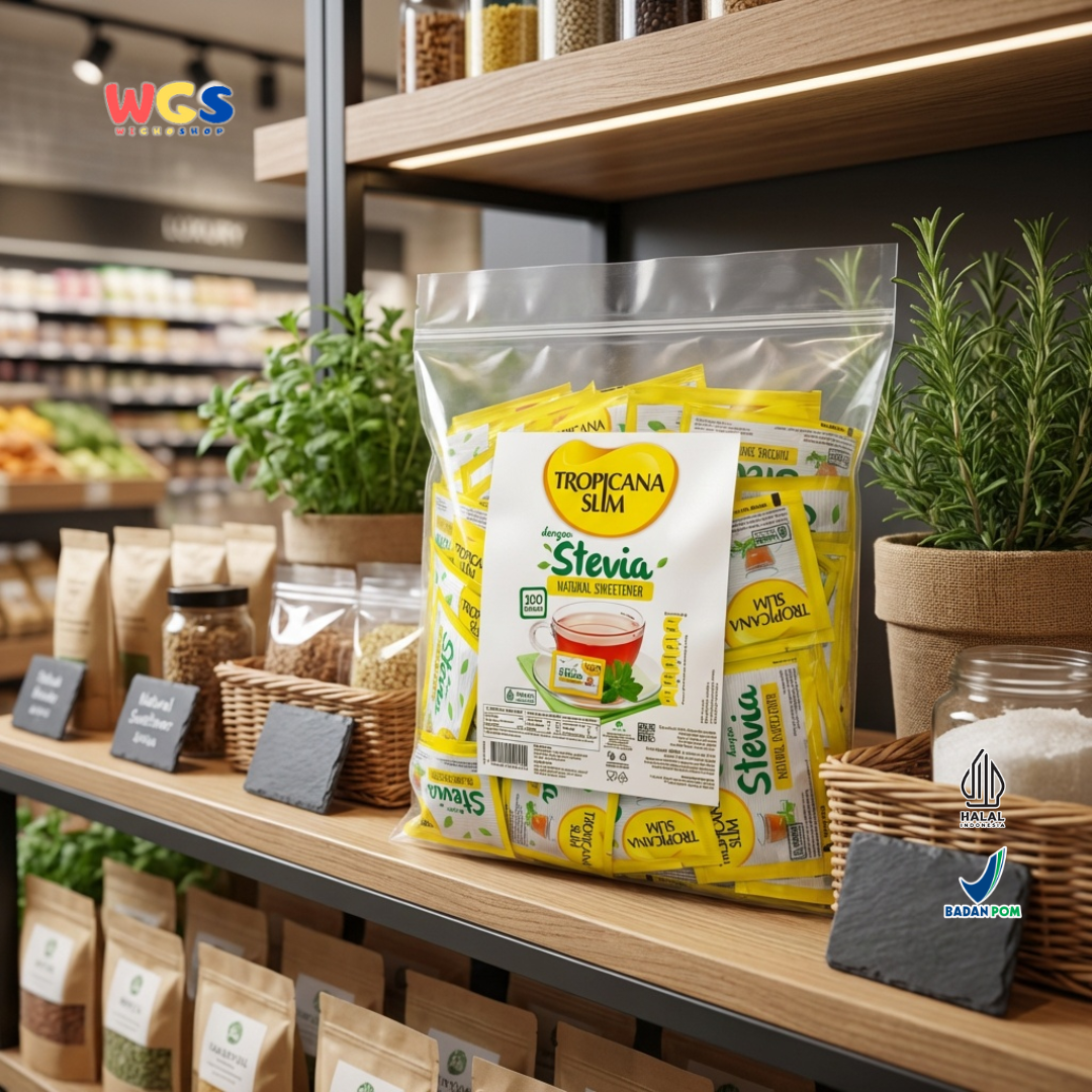 Tropicana Slim Stevia Natural Sweetener 180g (100 Sachet x 1.8g) - Pemanis Alami Rendah Kalori untuk Kopi, Teh & Minuman