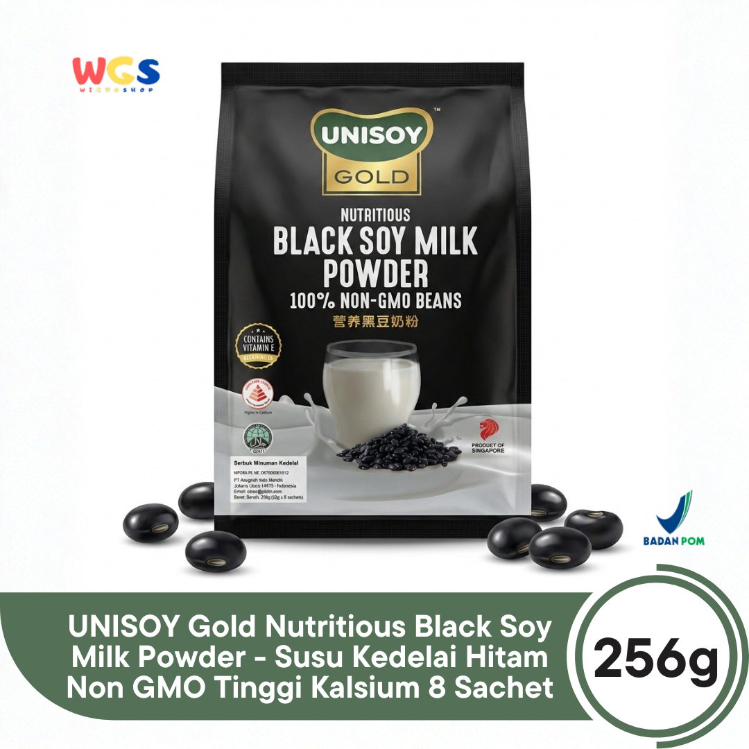 UNISOY Gold Nutritious Black Soy Milk Powder 256g - Susu Kedelai Hitam Non GMO Tinggi Kalsium 8 Sachet
