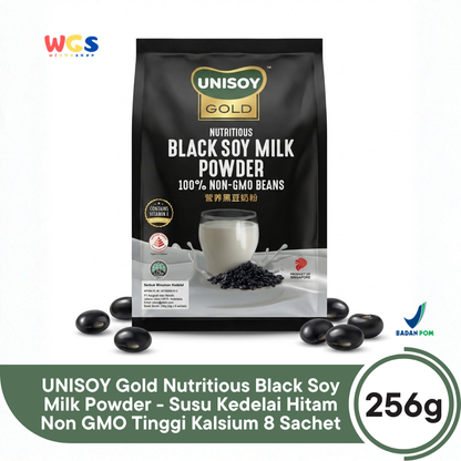 UNISOY Gold Nutritious Black Soy Milk Powder 256g - Susu Kedelai Hitam Non GMO Tinggi Kalsium 8 Sachet