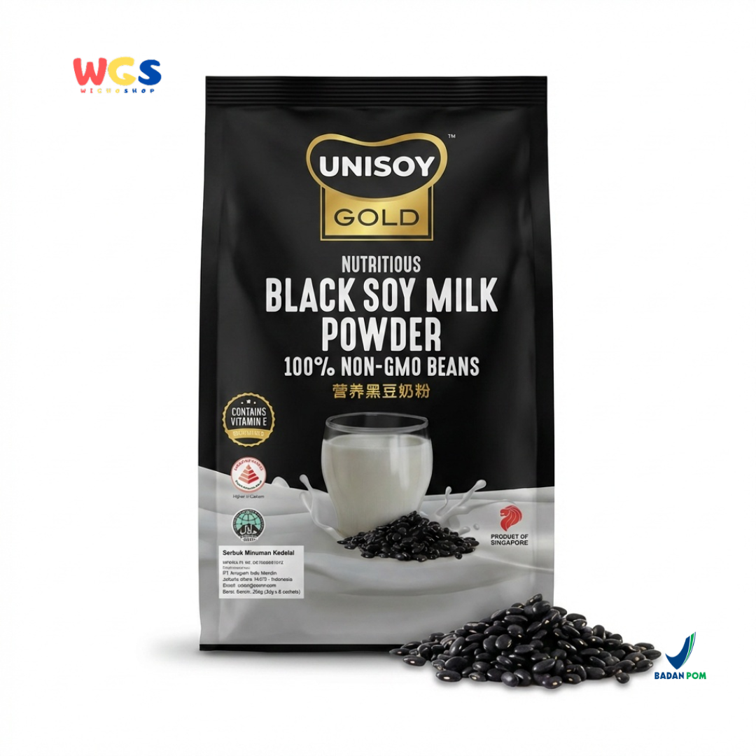 UNISOY Gold Nutritious Black Soy Milk Powder 256g - Susu Kedelai Hitam Non GMO Tinggi Kalsium 8 Sachet