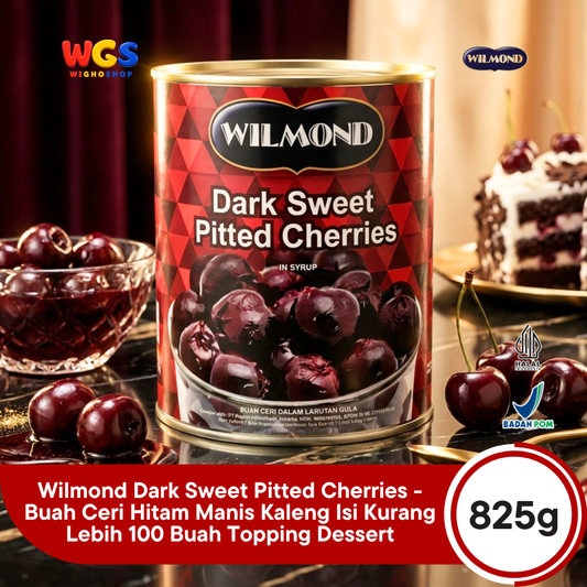 Wilmond Dark Sweet Pitted Cherries 825g - Buah Ceri Hitam Manis Kaleng Isi Kurang Lebih 100 Buah Topping Dessert