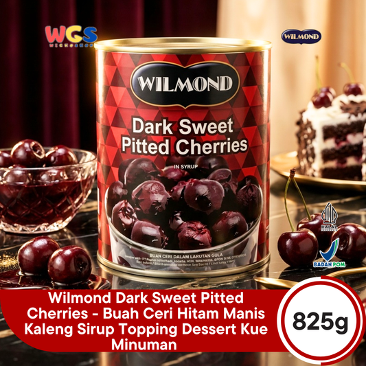 Wilmond Dark Sweet Pitted Cherries 825g - Buah Ceri Hitam Manis Kaleng Sirup Topping Dessert Kue Minuman