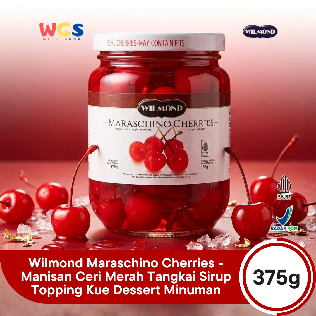 Wilmond Maraschino Cherries with Stem 375g - Manisan Ceri Merah Bertangkai Sirup Topping Kue Dessert