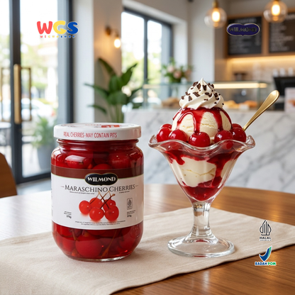 Wilmond Maraschino Cherries with Stem 375g - Manisan Ceri Merah Bertangkai Sirup Topping Kue Dessert