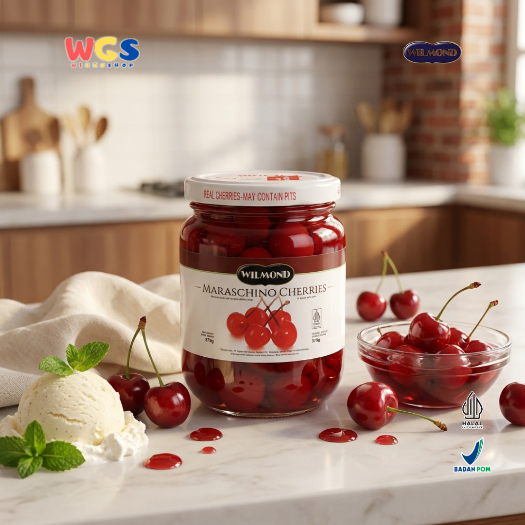 Wilmond Maraschino Cherries with Stem 375g - Manisan Ceri Merah Bertangkai Sirup Topping Kue Dessert